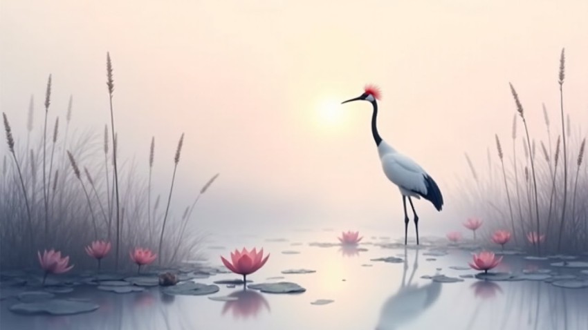 Red-Crowned Crane in Misty Dawn Marsh