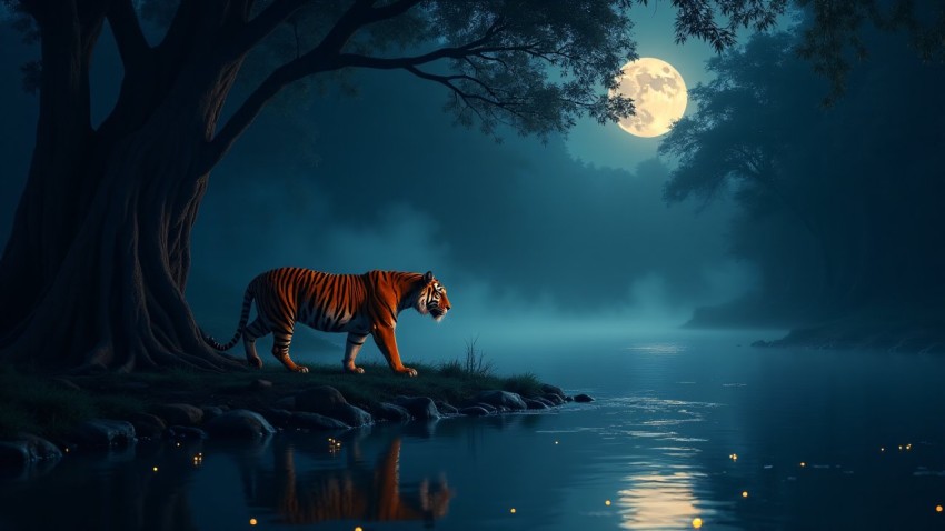 Bengal Tiger by Moonlit Jungle River Neo-Noir Art