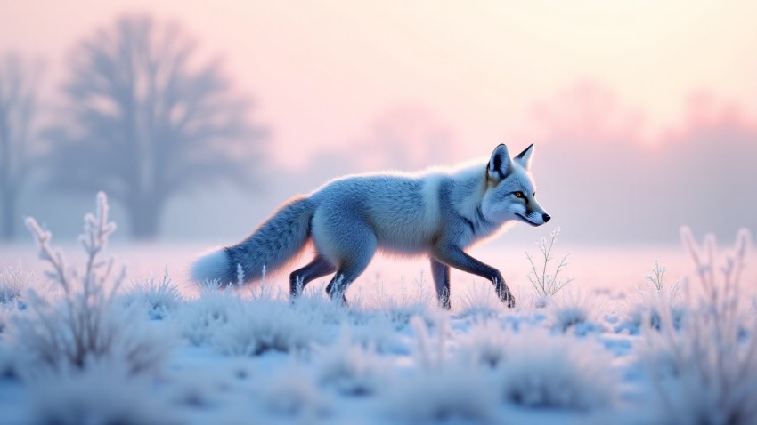 Silver Fox in Frosty Meadow at Dawn