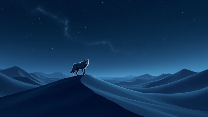 Wolf on Desert Dune Under Starry Night Sky