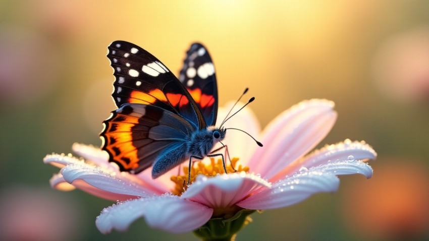 Close-Up of Butterfly on Dewy Flower Petal