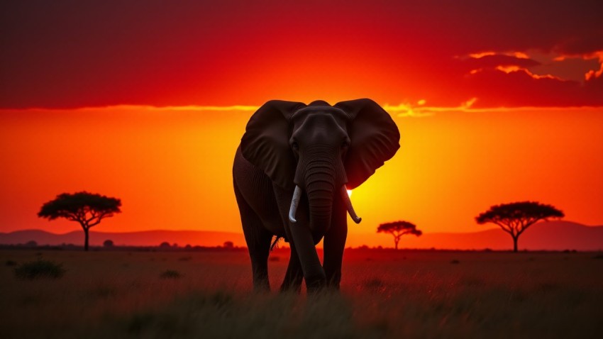 Majestic Elephant Silhouette Against Fiery Sunset