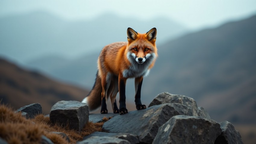 Red Fox on Rocky Outcrop Under Overcast Sky