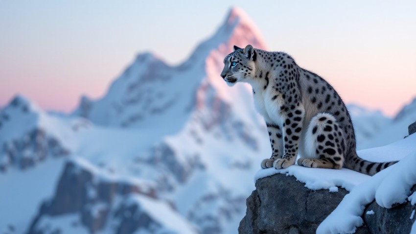 Snow Leopard Perched on Rocky Ledge at Dawn