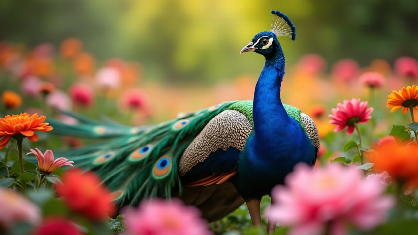 Peacock Displaying Feathers in a Vibrant Flower Garden