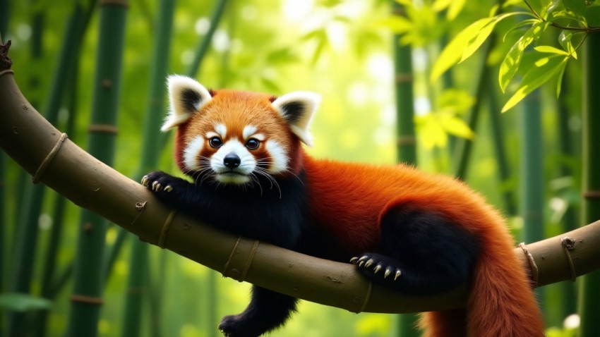 Red Panda Lounging on a Tree Branch in Bamboo Forest