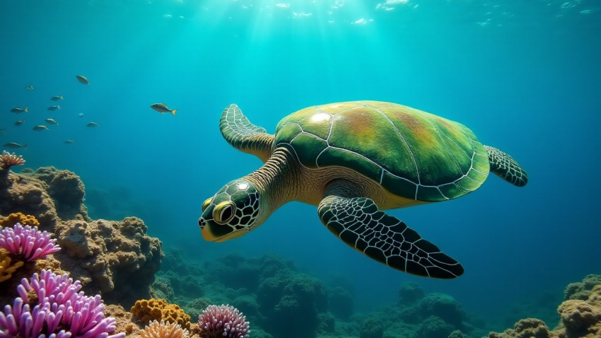 Green Sea Turtle Gliding Through Colorful Coral Reef