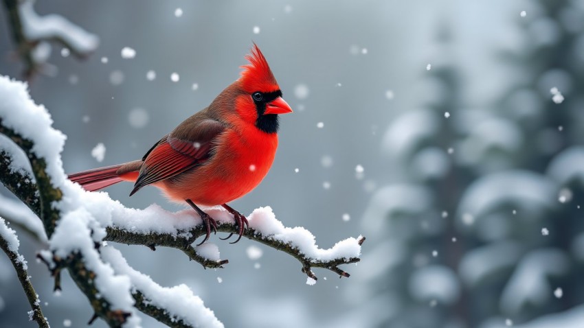 Red Cardinal Perched on Snowy Branch During Snowfall