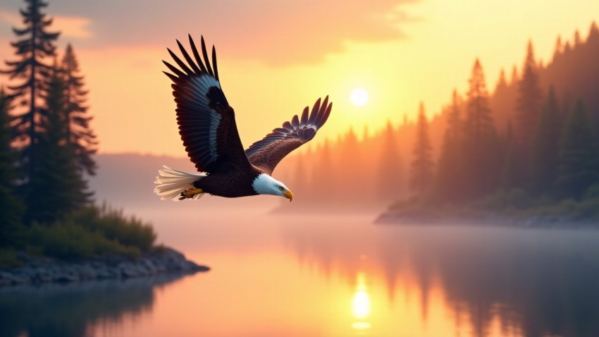 Bald Eagle Soaring Over Lake at Sunrise