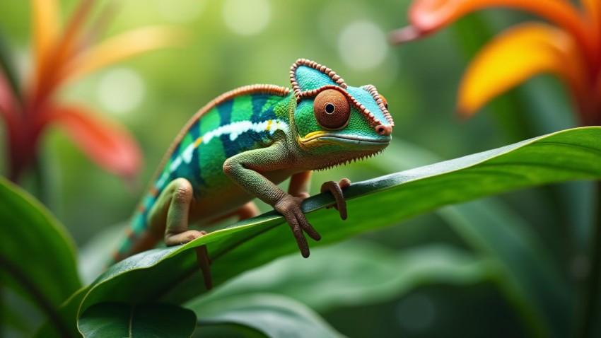 Chameleon Blending with Vibrant Green Leaf in Nature