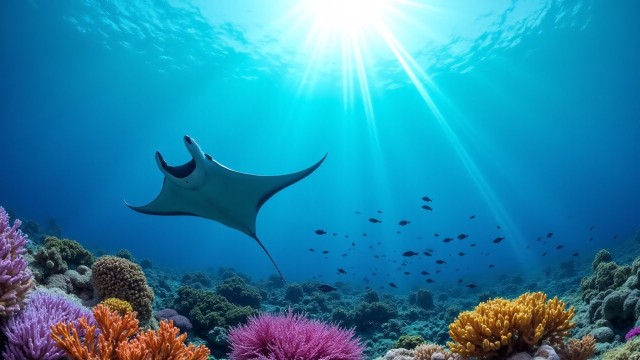 Manta Ray Gliding Over Vibrant Coral Reef Underwater