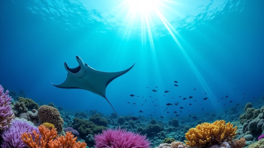 Manta Ray Gliding Over Vibrant Coral Reef Underwater