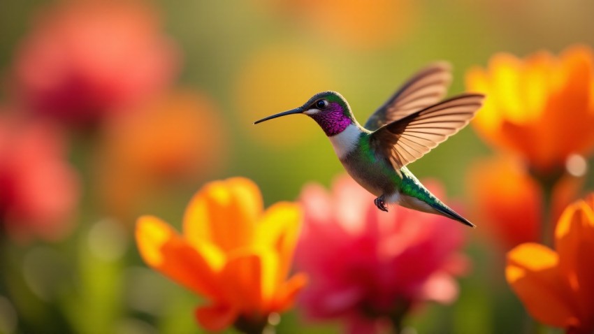 Hummingbird Hovering in Blooming Garden with Colorful Flowers