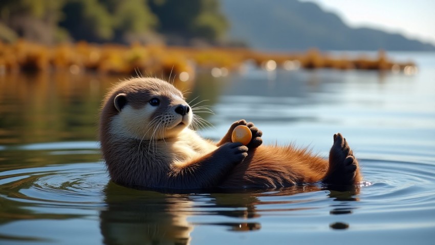 Sea Otter Floating on Back in Serene Bay