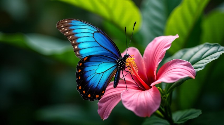 Blue Morpho Butterfly Resting on Pink Hibiscus Flower