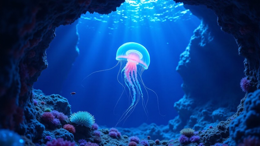 Jellyfish Drifting in Bioluminescent Underwater Cave