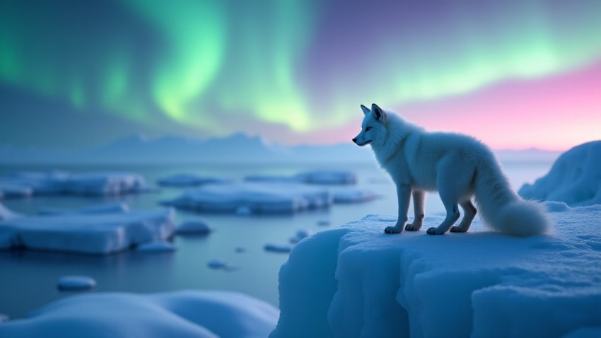 Arctic Fox Watching Northern Lights from Cliff Edge