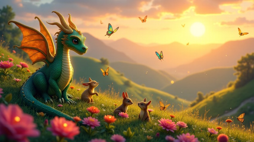 Golden-Winged Dragon Overlooking Valley of Oversized Flowers