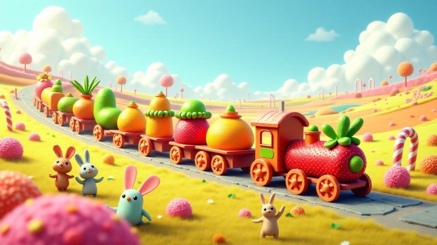 Whimsical Fruit and Vegetable Train in Candy Landscape