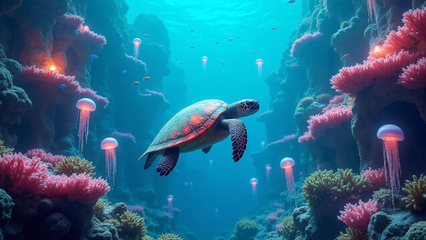 Sea Turtle Gliding Through Underwater Coral City