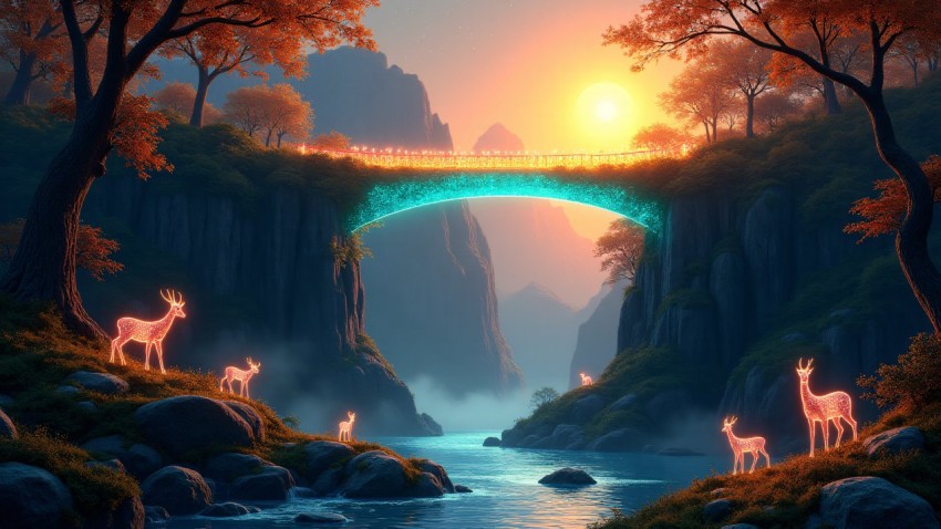 Glass Bridge in Mystical Forest at Sunset