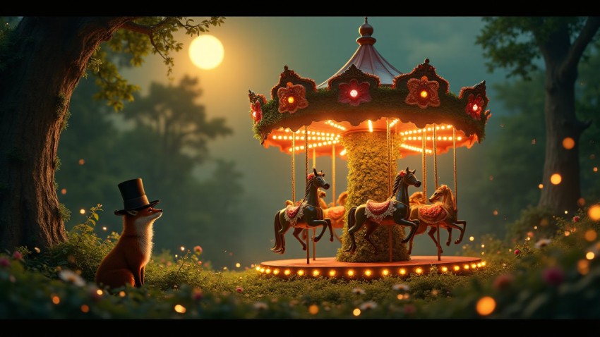 Vintage Carousel in Enchanted Forest Under Moonlight