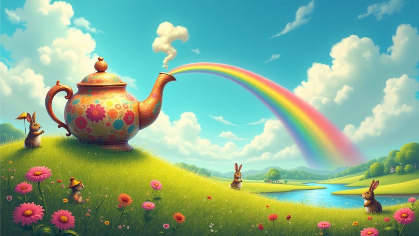 Giant Teapot Pouring Rainbows into Enchanted Meadow