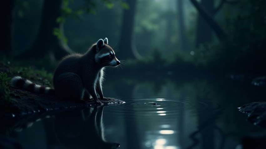 Raccoon by Moonlit Forest Pond at Night