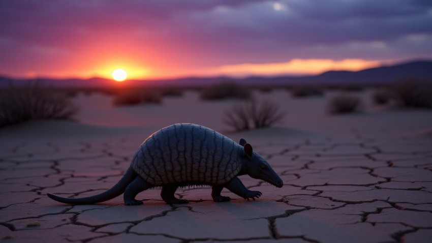 Armadillo Crossing Parched Desert Landscape at Twilight