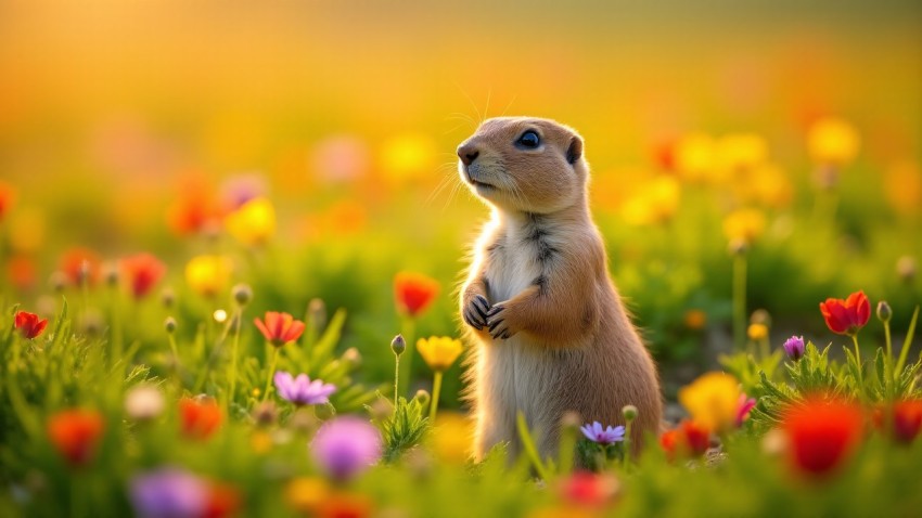 Prairie Dog Standing in Wildflower Meadow During Early Spring