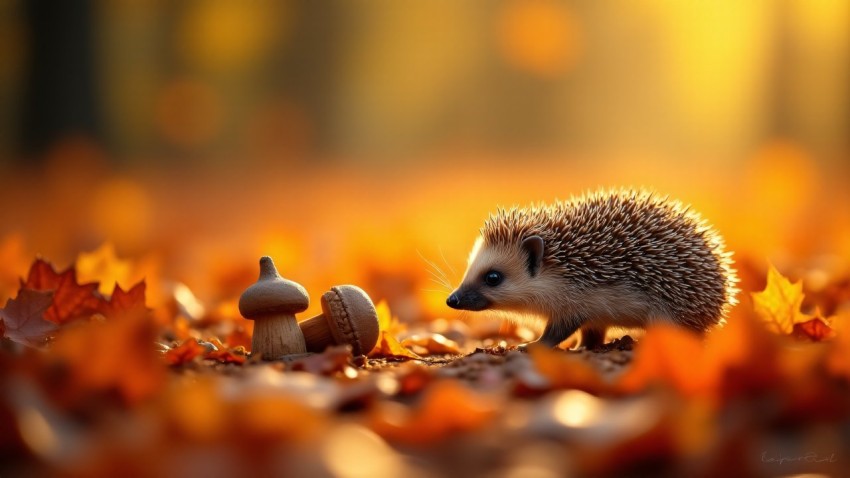 Hedgehog on Autumn Forest Floor Among Fallen Leaves