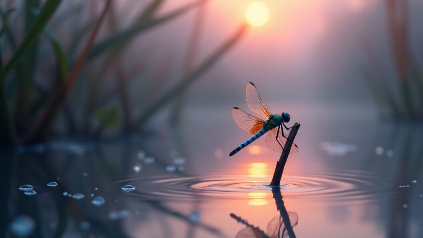 Dragonfly Perched on Reed Above Tranquil Pond at Dawn