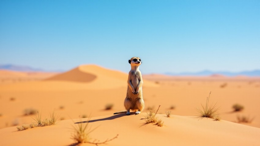 Meerkat Standing Alert on Sand Mound in Desert