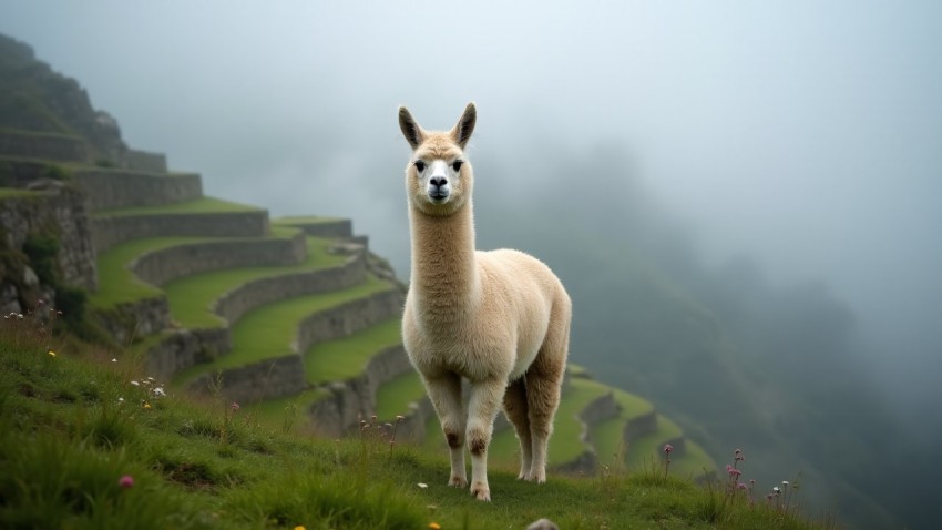 Alpaca Standing in Fog on Andean Green Hillside