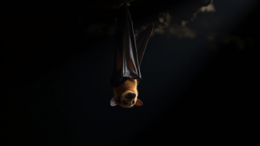 Bat Hanging from Branch in a Shadowy Cave