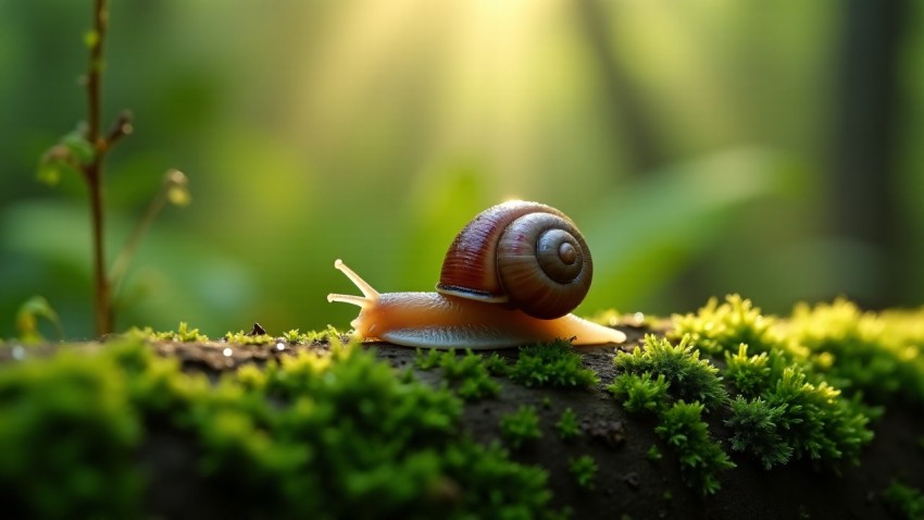 Snail Crossing Moss-Covered Log in Misty Forest