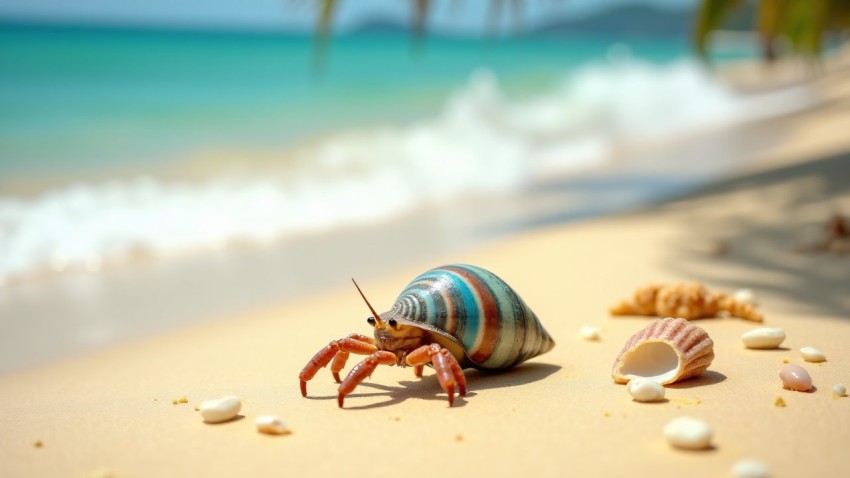 Hermit Crab Crawling Across Sunlit Tropical Beach