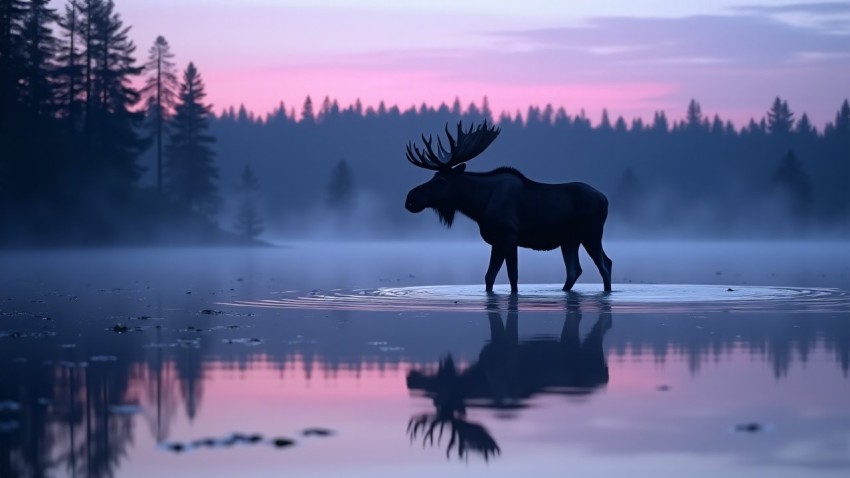 Moose Standing in Twilight Lake Amidst Northern Forest