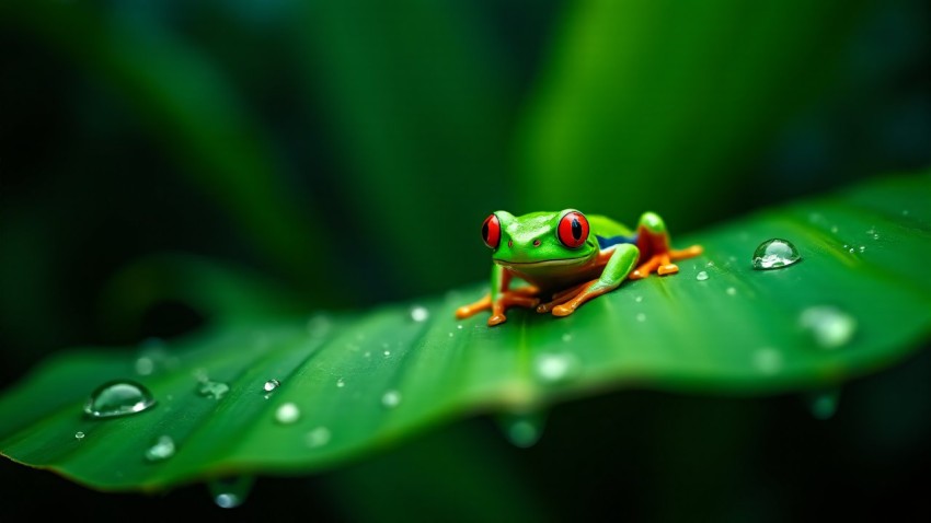 Tree Frog Resting on Leaf in Tropical Rain Shower