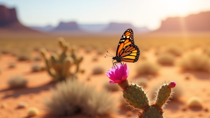 Monarch Butterfly on Cactus Flower in Desert Landscape