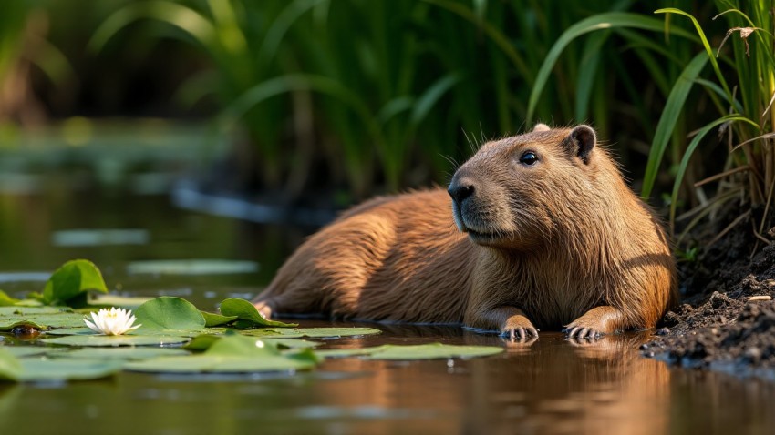 Capybara Lounging by Riverbank Amidst Aquatic Plants