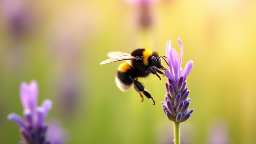 Bumblebee Approaching Lavender Flower in Sunlit Meadow