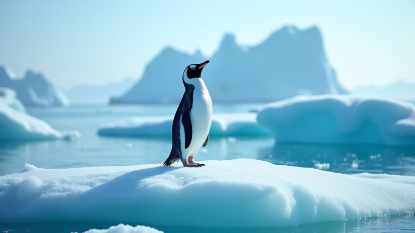 Penguin on Jagged Ice Floe in Antarctic Waters