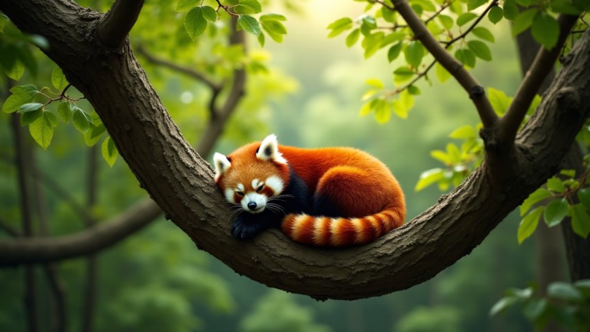 Red Panda Resting on Tree Branch Amidst Green Canopy