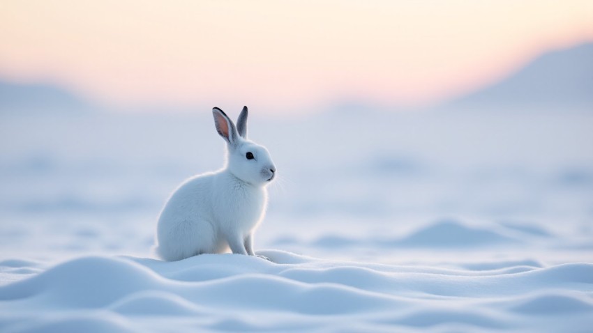 Arctic Hare Blending Into Snowy Tundra at Sunset