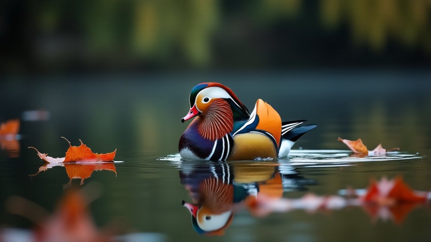 Mandarin Duck Gliding on Calm Pond Amid Autumn Leaves