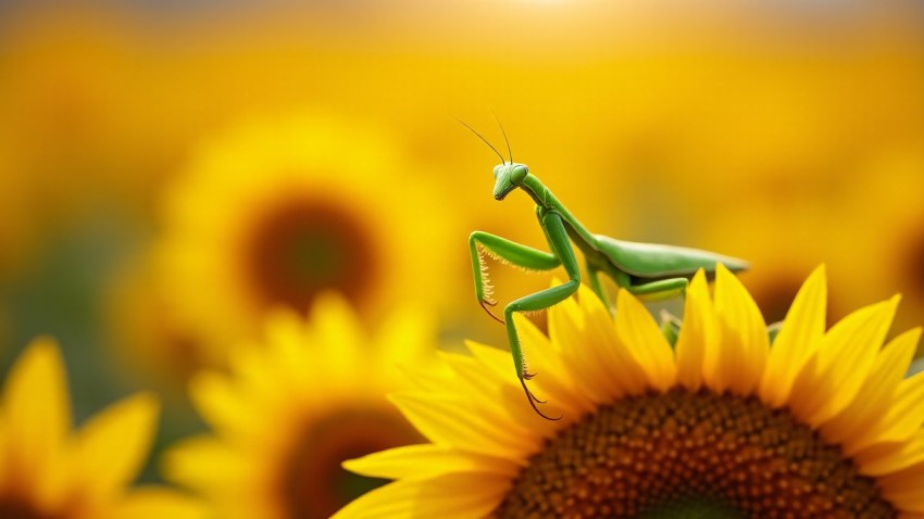 Praying Mantis Perched on Sunflower During Golden Hour