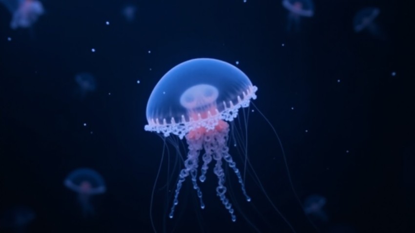 Bioluminescent Jellyfish Drifting in Midnight Ocean Depths