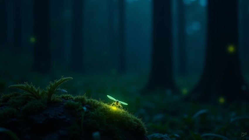 Firefly Resting on Mossy Rock in Twilight Forest