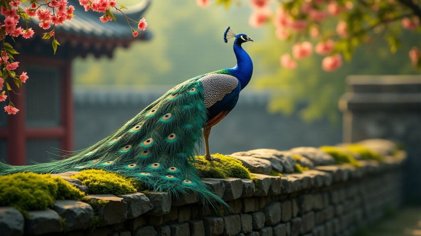 Peacock Displaying Feathers on Ancient Mossy Stone Wall